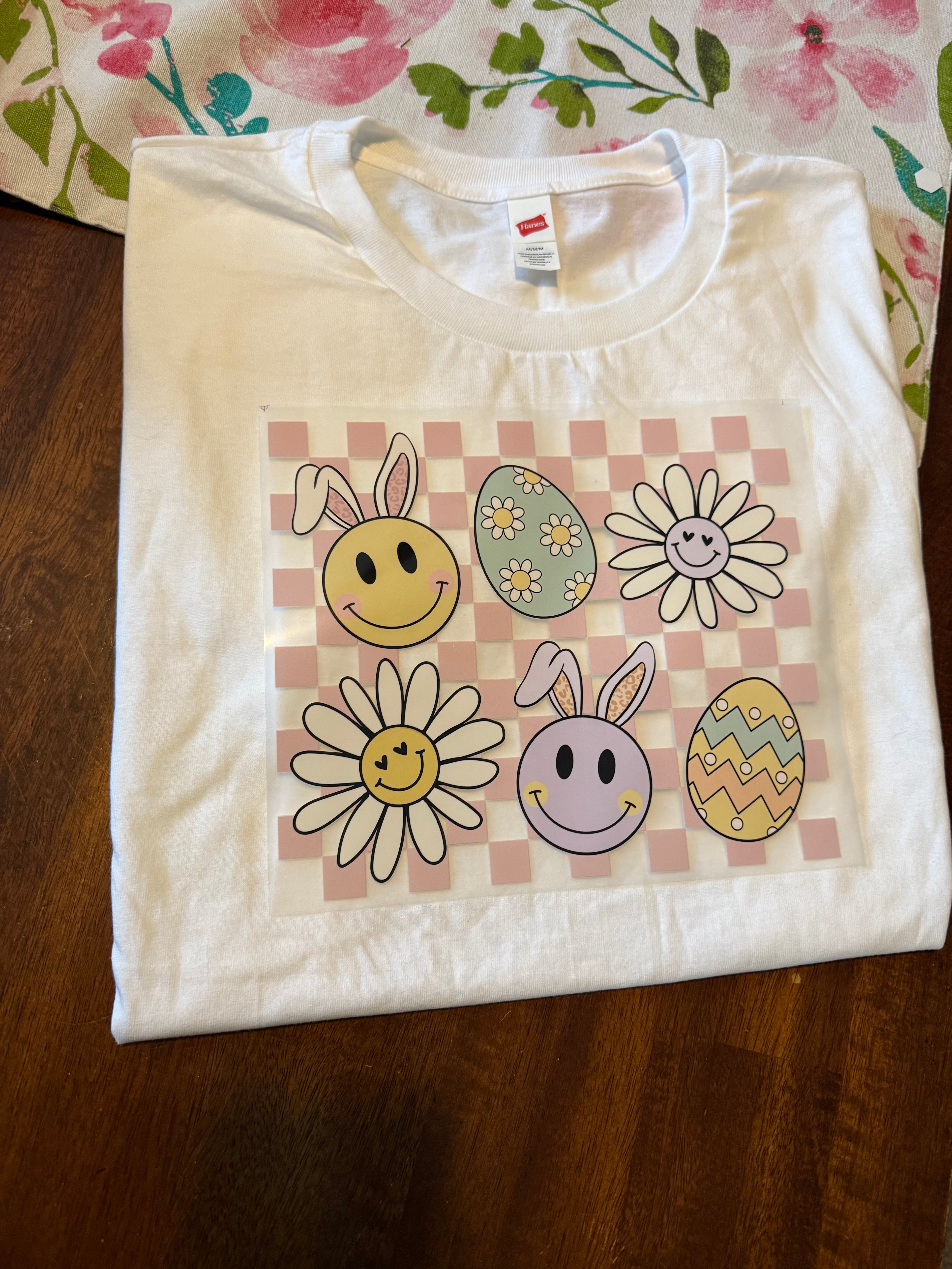 Checkers with flowers and smiley faces and eggs
