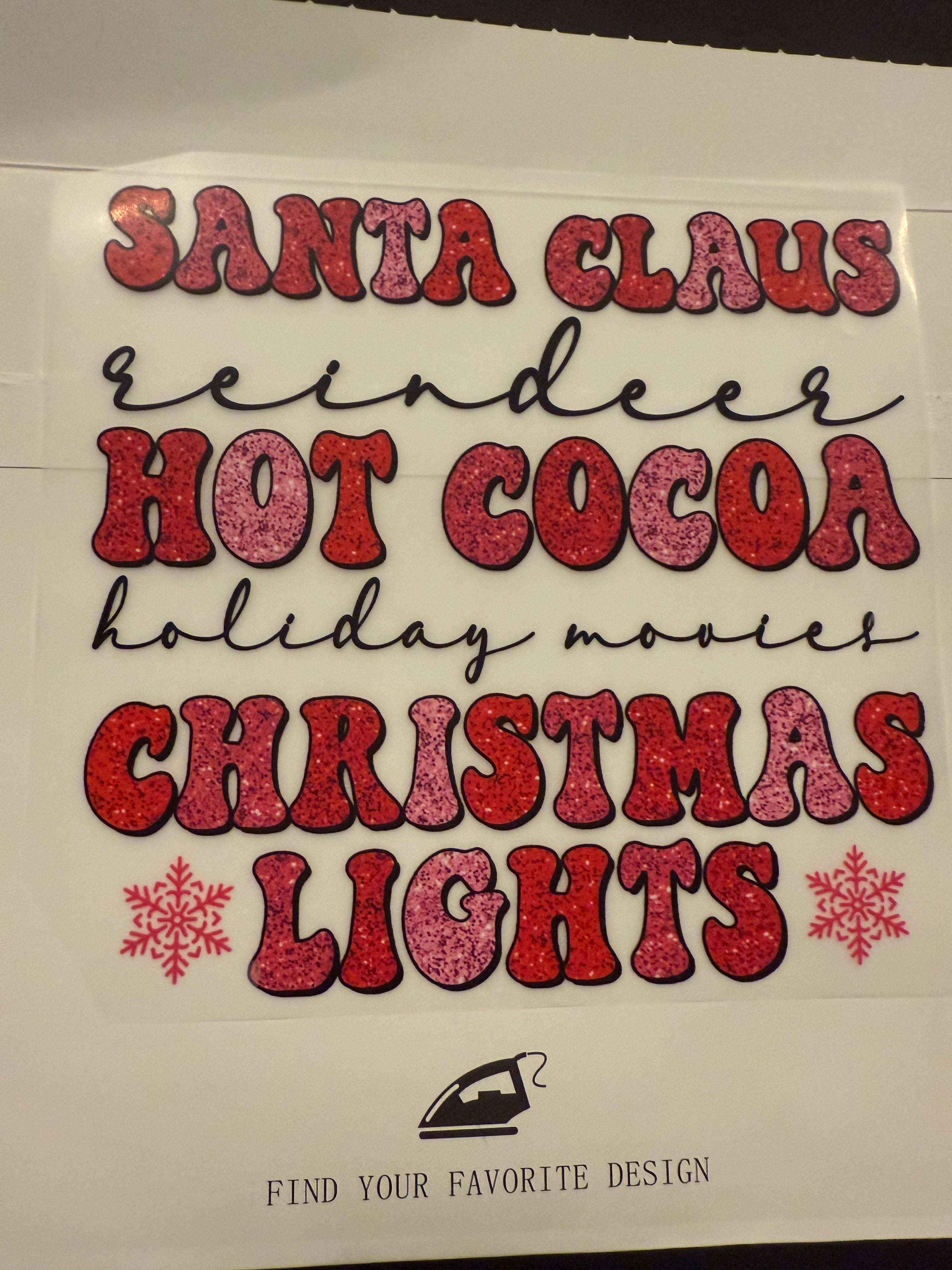 Santa Claus, reindeer, hot cocoa, holiday movies, Christmas lights